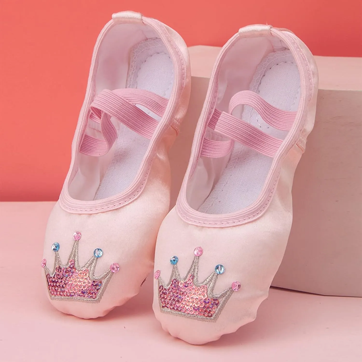 Cute Ballet Shoes for Girls Crown Sequin Satin Dance Practice Slippers Split Soft Flat Shoes Sneakers