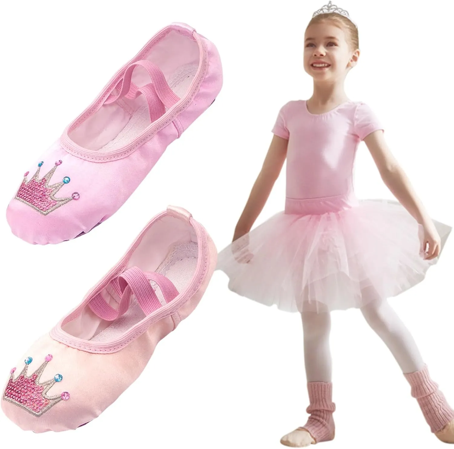 Cute Ballet Shoes for Girls Crown Sequin Satin Dance Practice Slippers Split Soft Flat Shoes Sneakers