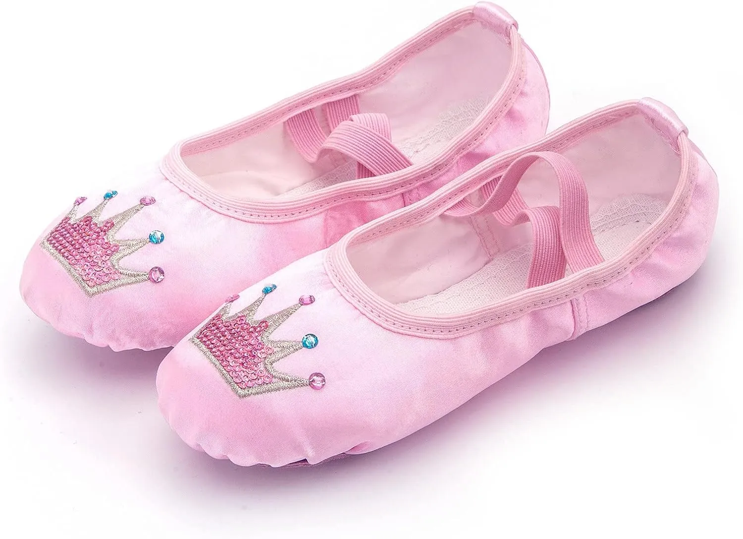Cute Ballet Shoes for Girls Flat Point Crown Sequin Satin Dance Practice Slippers Split Soft Flat Shoes for Toddler