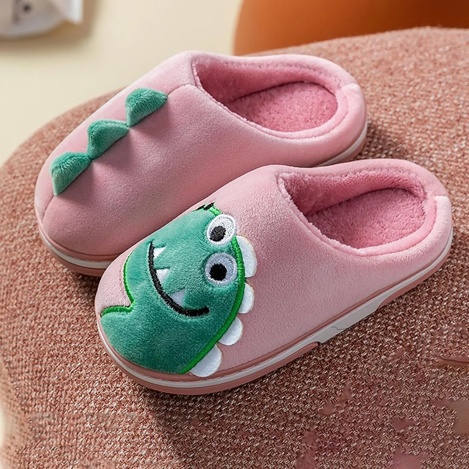 Cute Dinosaur Fuzzy Slippers for Boys Girls Kids Memory Foam Soft Sole Flat Shoes Toddler Cotton Cozy Indoor Slipper