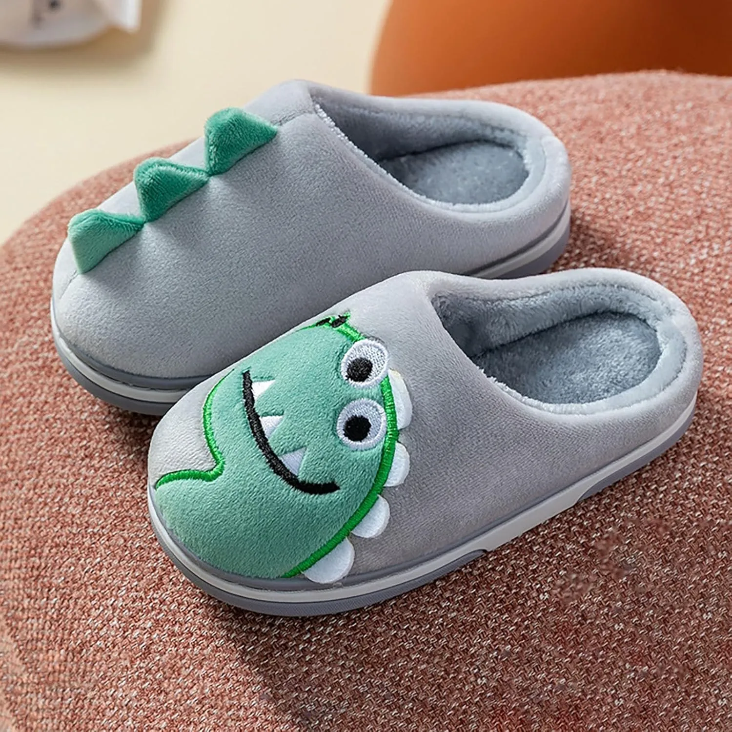 Cute Dinosaur Fuzzy Slippers for Boys Girls Kids Memory Foam Soft Sole Flat Shoes Toddler Cotton Cozy Indoor Slipper