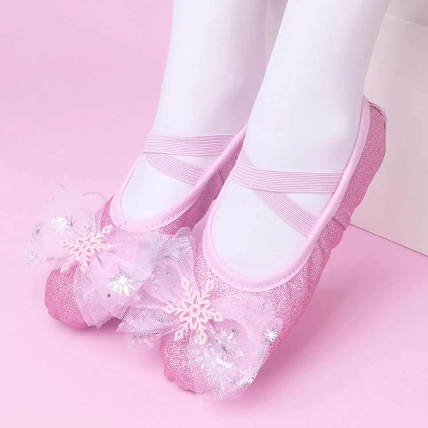 Dance Girl's Glitter Ballet Shoes for Girls Ballet Slipper with Bow Ballerina Dress Shoes Mary Jane Flat Yoga