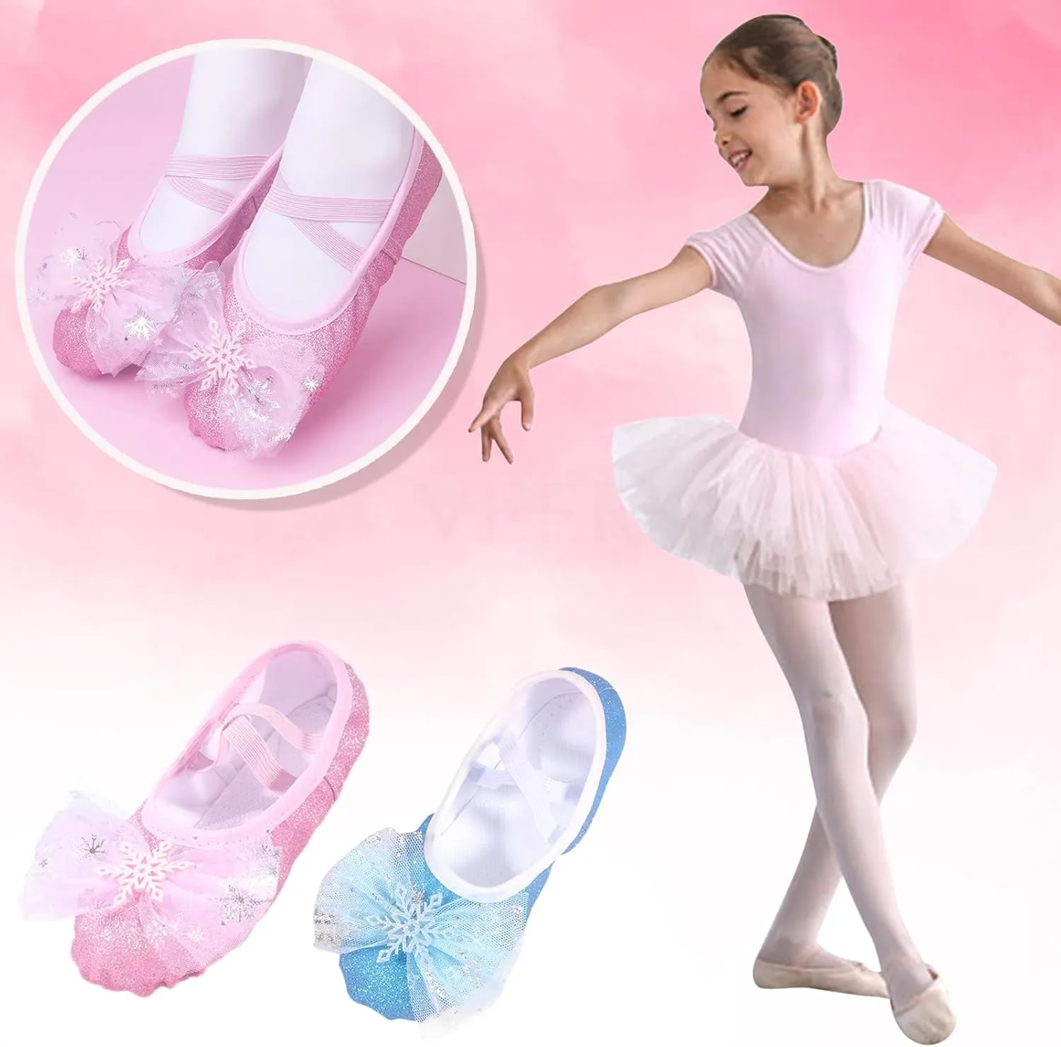 Dance Girl's Glitter Ballet Shoes for Girls Ballet Slipper with Bow Ballerina Dress Shoes Mary Jane Flat Yoga