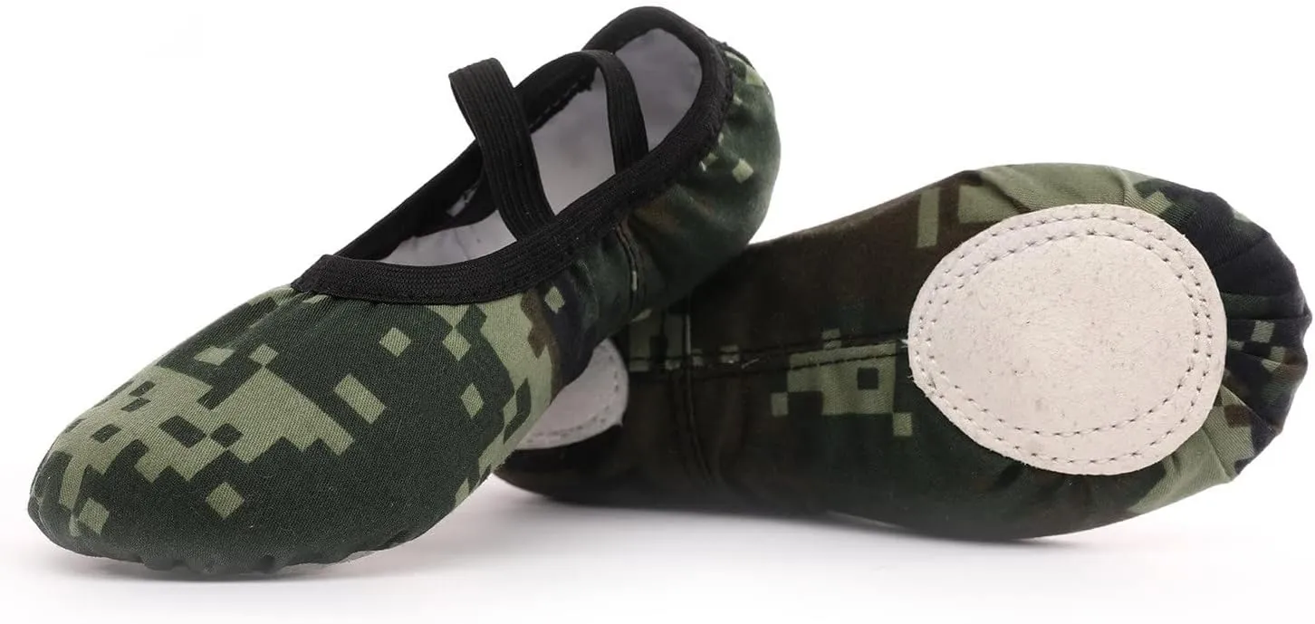 Dance Shoes for Girls Toddler Kids Canvas Ballet Slippers Trendy Camo Dancing Performance Shoes with Elastic Straps