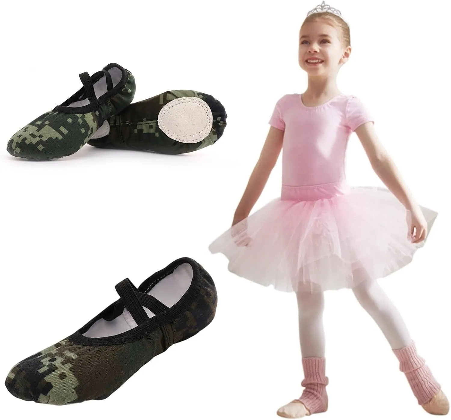 Dance Shoes for Girls Toddler Kids Canvas Ballet Slippers Trendy Camo Dancing Performance Shoes with Elastic Straps