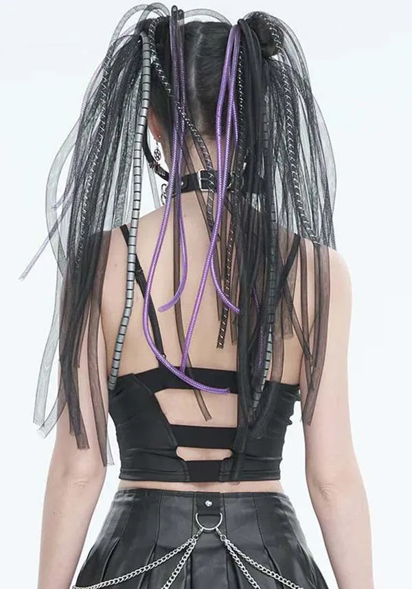 Devil Fashion Gothic Punk Crop Top - Black Leather with Fishnet Insert and O-Ring Detail (Women's)