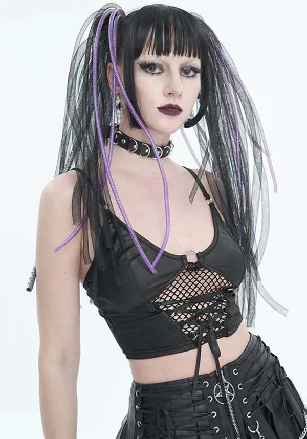 Devil Fashion Gothic Punk Crop Top - Black Leather with Fishnet Insert and O-Ring Detail (Women's)