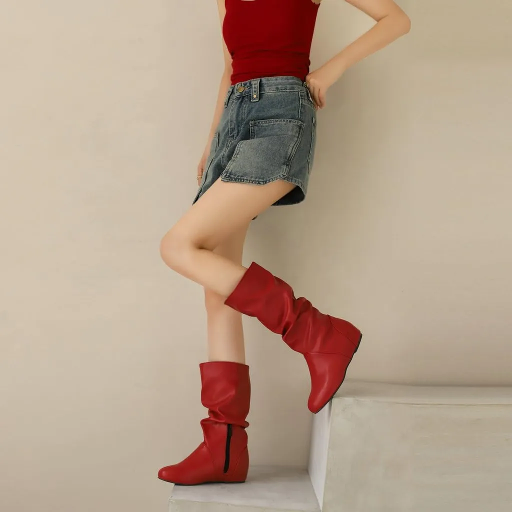 DINTAHA Womens Slouch Flat Boots Mid Calf Flat Boots Low Heel Fall Slouchy Cowgirl Boots