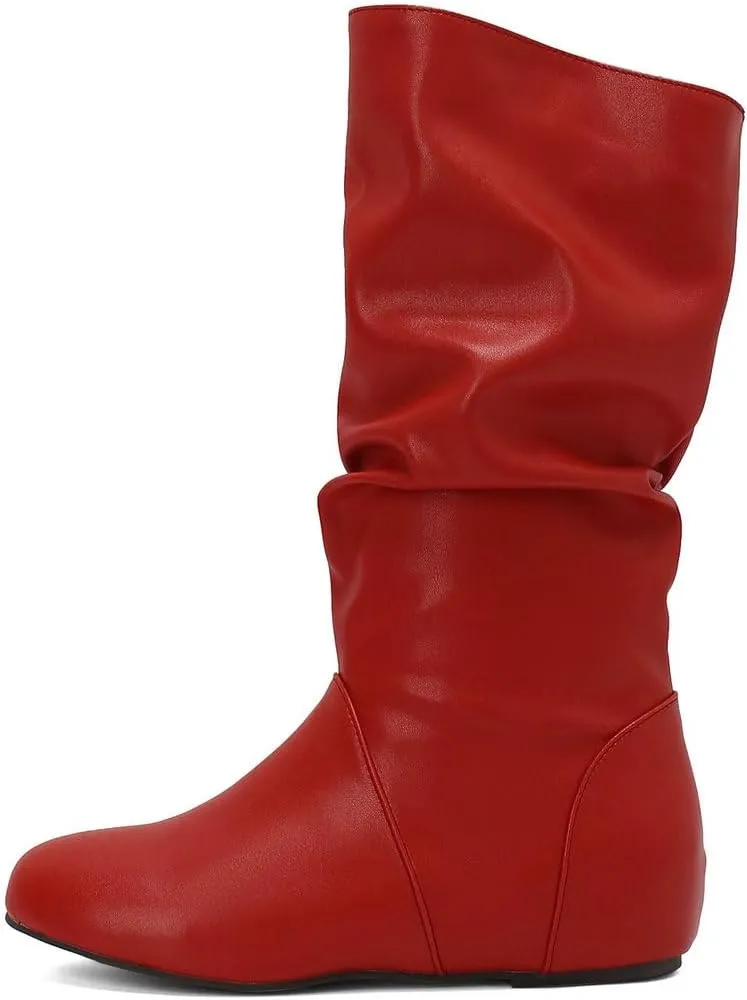 DINTAHA Womens Slouch Flat Boots Mid Calf Flat Boots Low Heel Fall Slouchy Cowgirl Boots