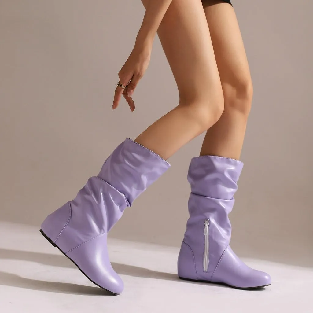 DINTAHA Womens Slouch Flat Boots Mid Calf Flat Boots Low Heel Fall Slouchy Cowgirl Boots