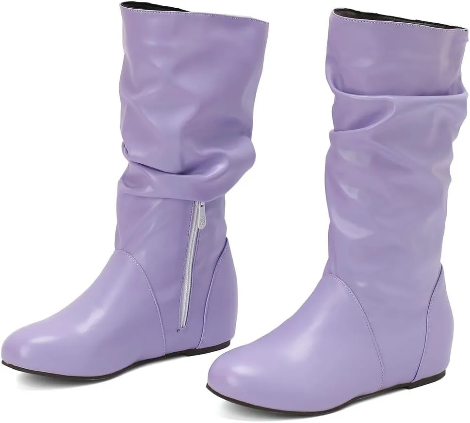 DINTAHA Womens Slouch Flat Boots Mid Calf Flat Boots Low Heel Fall Slouchy Cowgirl Boots