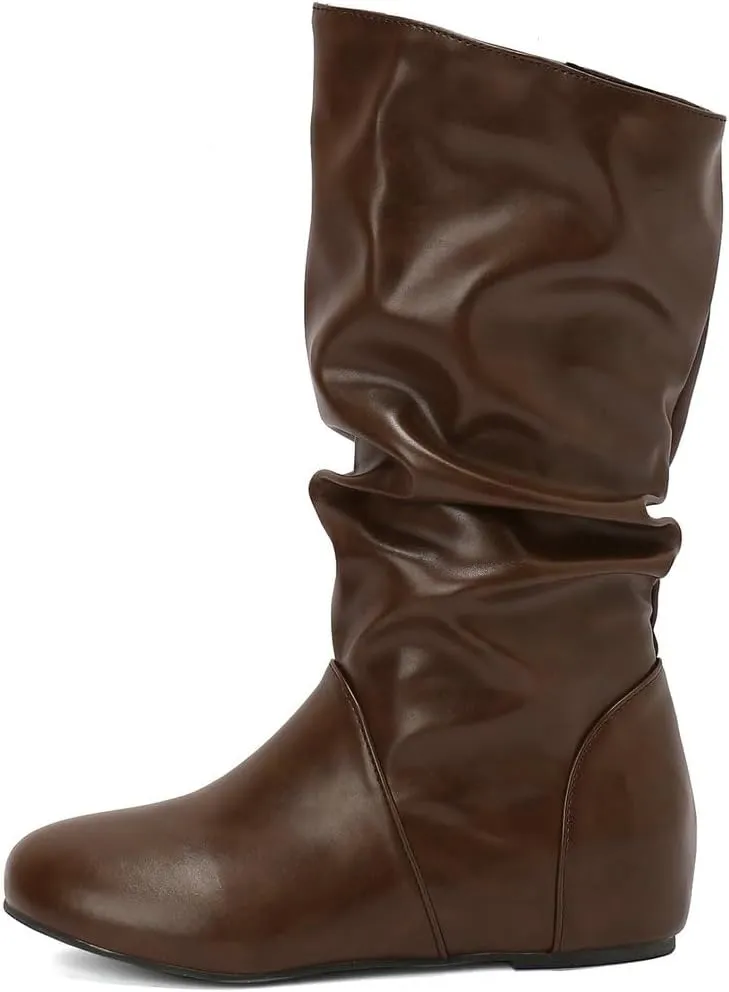 DINTAHA Womens Slouch Flat Boots Mid Calf Flat Boots Low Heel Fall Slouchy Cowgirl Boots