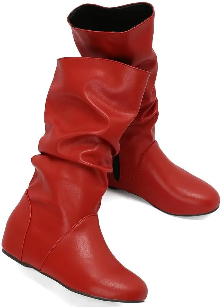 DINTAHA Womens Slouch Flat Boots Mid Calf Flat Boots Low Heel Fall Slouchy Cowgirl Boots