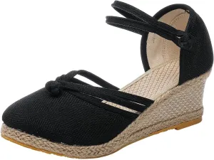 Espadrilles Wedges for Women Closed Toe Ankle Strap Slingback Summer Casual Platform Sandals Comfortable Breathable Lightweight Bohemian Low Heel Wedge Sandals Travel Walking Wedding Espadrille Sandal