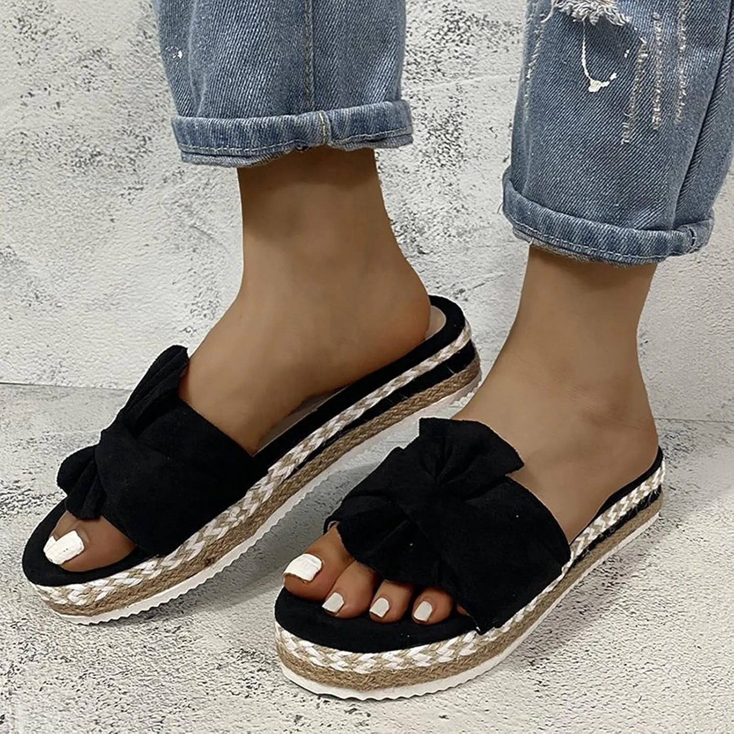 Flat Sandals for Women 2021 Fashion Bow Slip-On Platform Sandals Summer Open Toe Breathable Slippers Comfy Beach Travel Shoes,Black,37