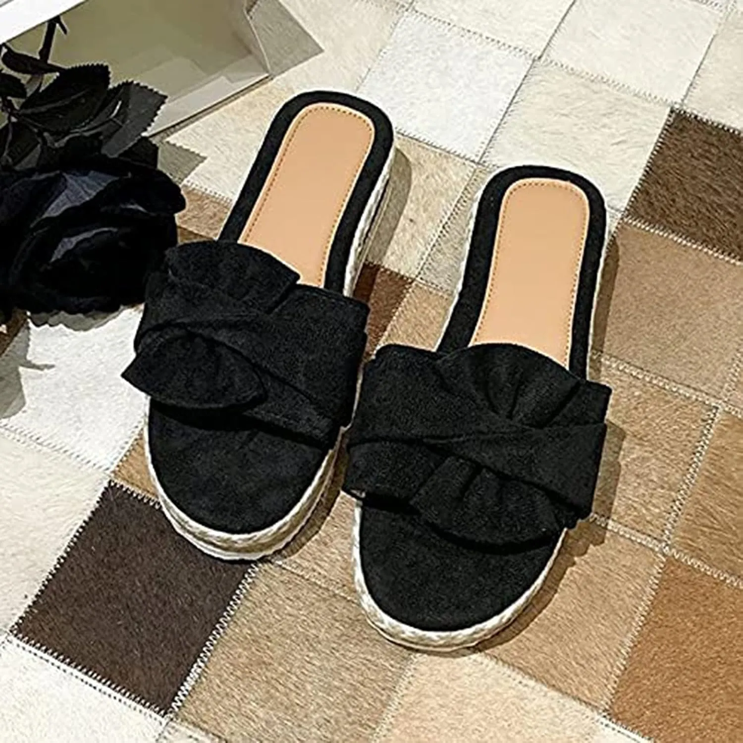 Flat Sandals for Women 2021 Fashion Bow Slip-On Platform Sandals Summer Open Toe Breathable Slippers Comfy Beach Travel Shoes,Black,37