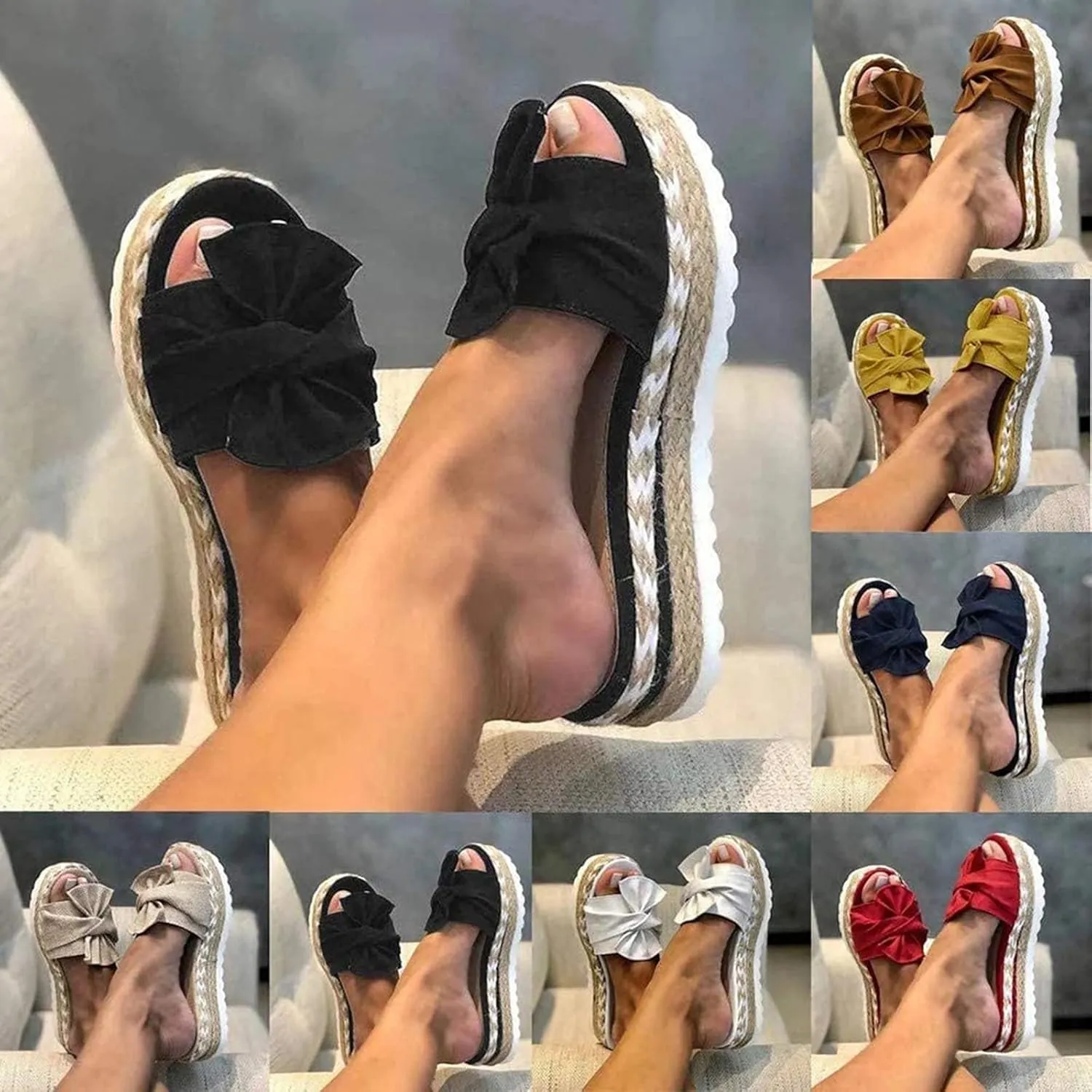 Flat Sandals for Women 2021 Fashion Bow Slip-On Platform Sandals Summer Open Toe Breathable Slippers Comfy Beach Travel Shoes,Black,37