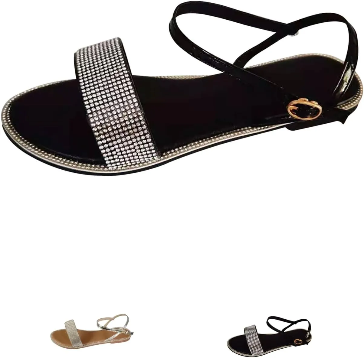Flat Sandals for Women Dressy Open Toe Buckle Ankle Strap Shoes Trendy Rhinestone Wide Width Beach Walking Shoes