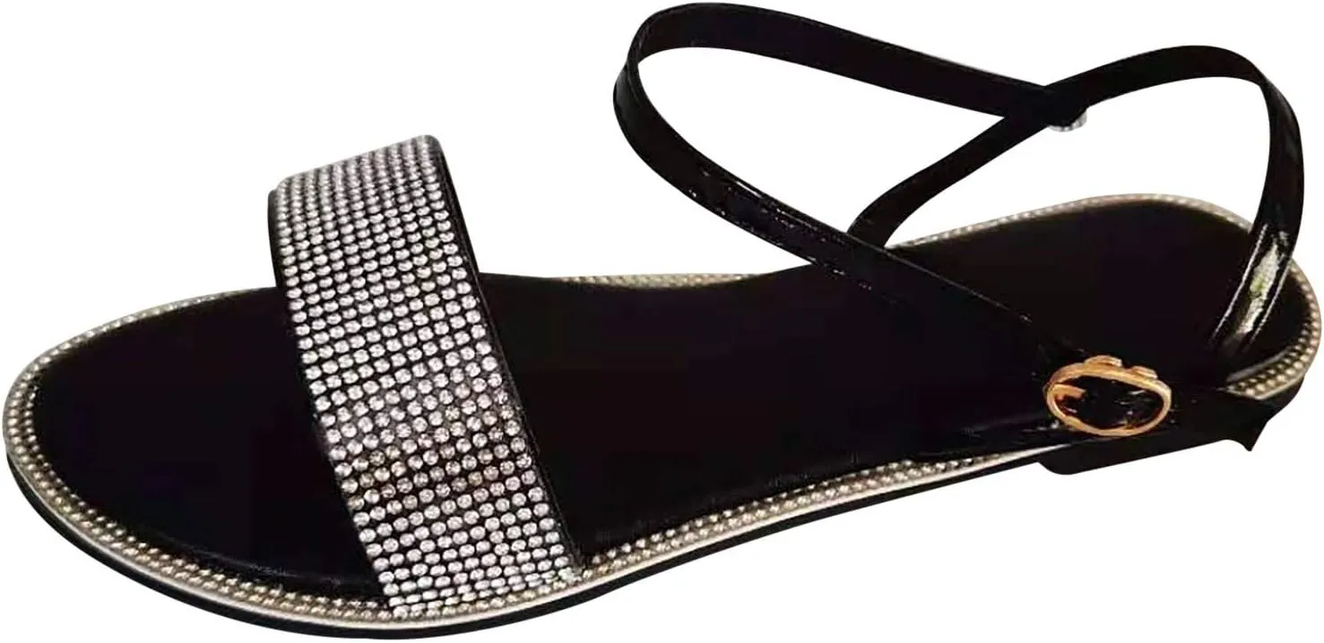 Flat Sandals for Women Dressy Open Toe Buckle Ankle Strap Shoes Trendy Rhinestone Wide Width Beach Walking Shoes