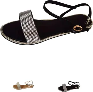 Flat Sandals for Women Dressy Open Toe Buckle Ankle Strap Shoes Trendy Rhinestone Wide Width Beach Walking Shoes