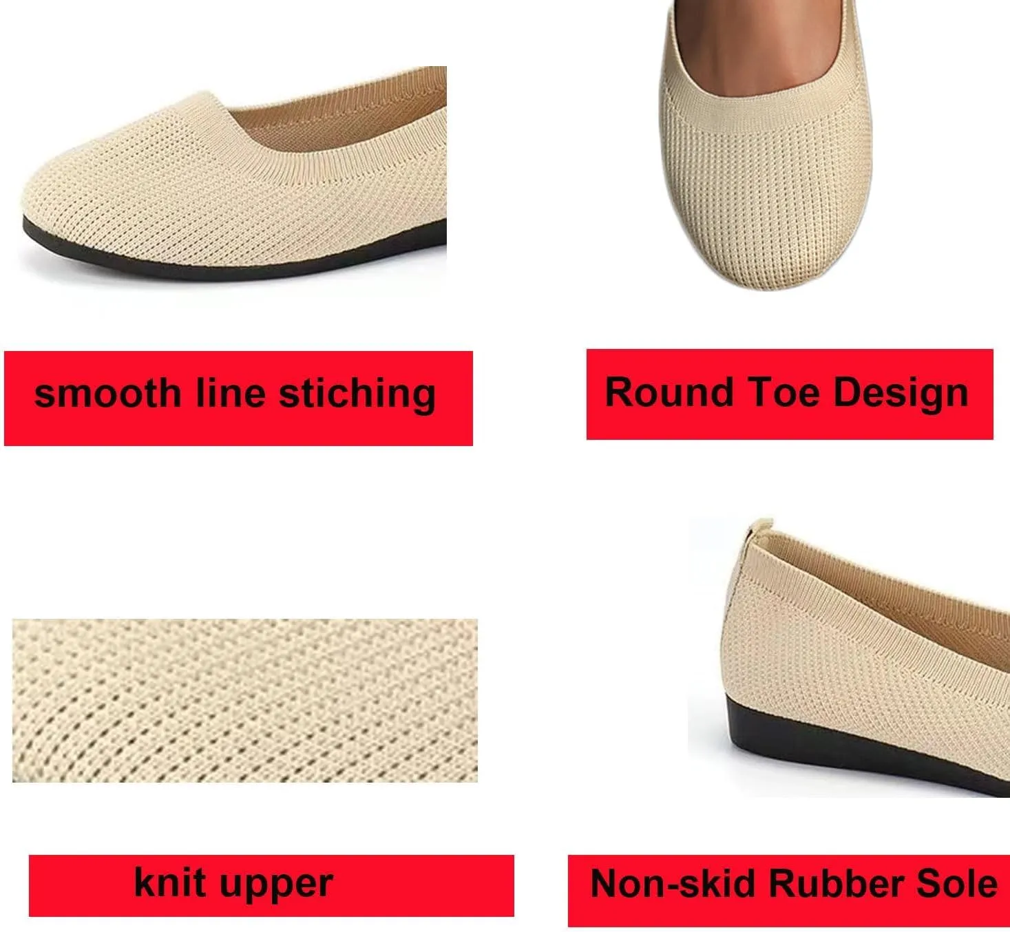 Flats Shoes for Women, Square Toe Ballet Flats Shoes with Arch Support, Knit Flats for Women Slip On Walking Flat Dress Shoes
