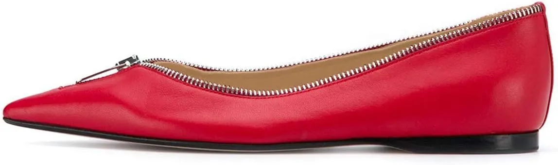 FSJ Women Fashion Ballet Slip on Pointed Closed Toe Pumps Flats Slide Leather Sandals Zippers Ladies Dress Shoes Size 4-15 US