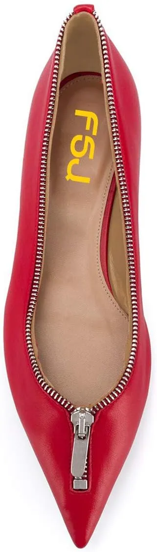 FSJ Women Fashion Ballet Slip on Pointed Closed Toe Pumps Flats Slide Leather Sandals Zippers Ladies Dress Shoes Size 4-15 US