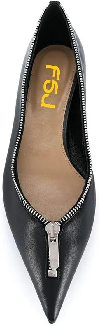 FSJ Women Fashion Ballet Slip on Pointed Closed Toe Pumps Flats Slide Leather Sandals Zippers Ladies Dress Shoes Size 4-15 US