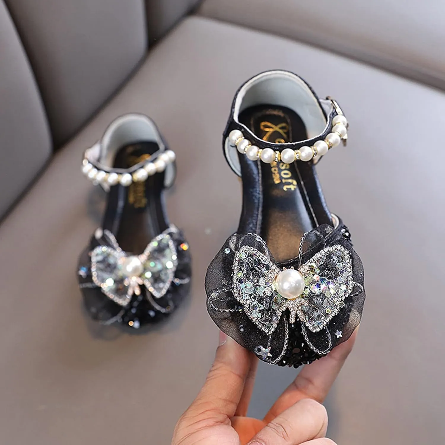 Girls Ballet Shoes Bow Plastics Pearl Color Matching Gradient Spring Shoes for Girls Strap Leather Sandals