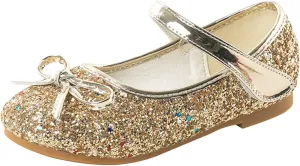 Girls Glitter Princess Dress Shoes Bow Rhinestone Soft Sole Mary Jane Ballet Flats for Flower Girl Wedding Party
