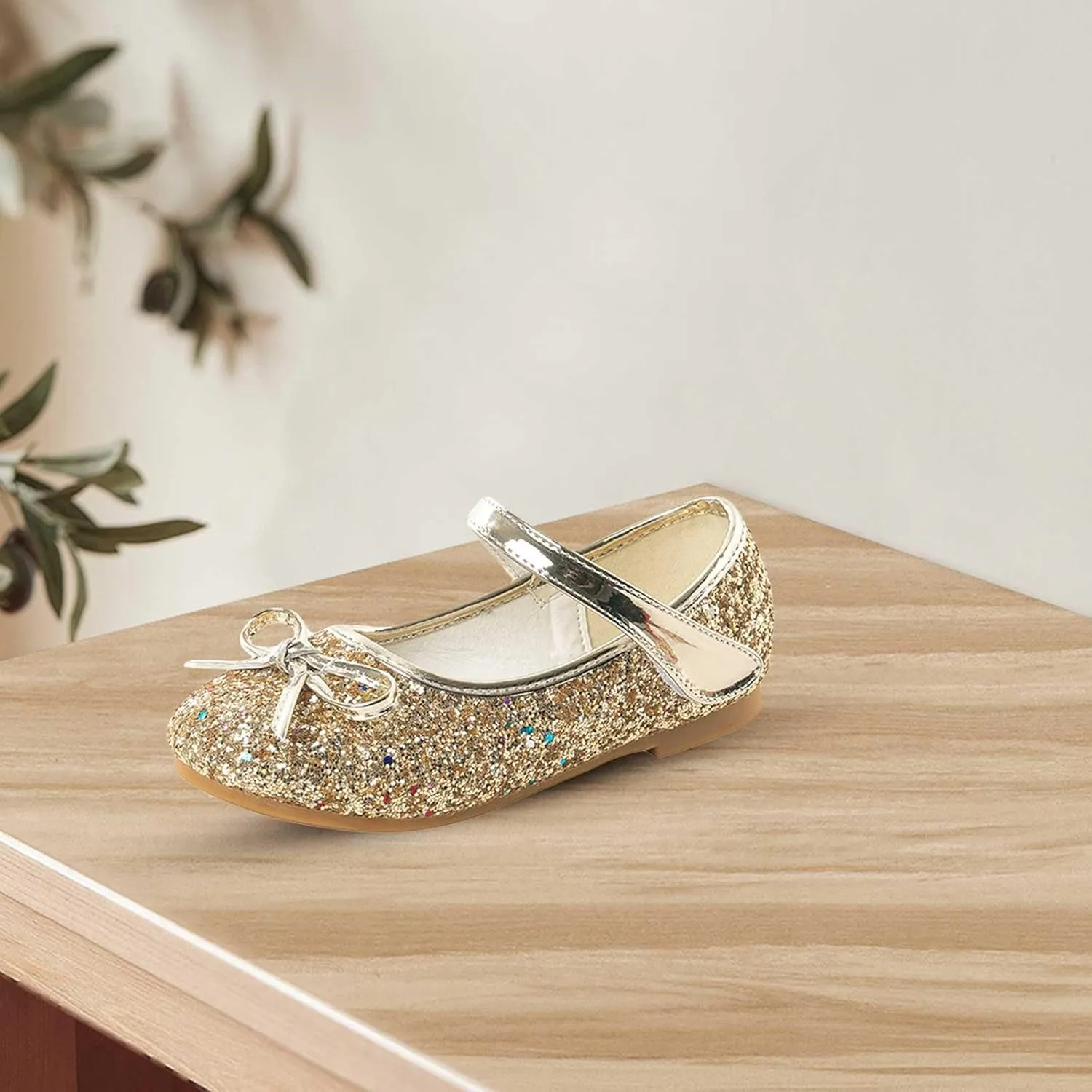 Girls Glitter Princess Dress Shoes Bow Rhinestone Soft Sole Mary Jane Ballet Flats for Flower Girl Wedding Party
