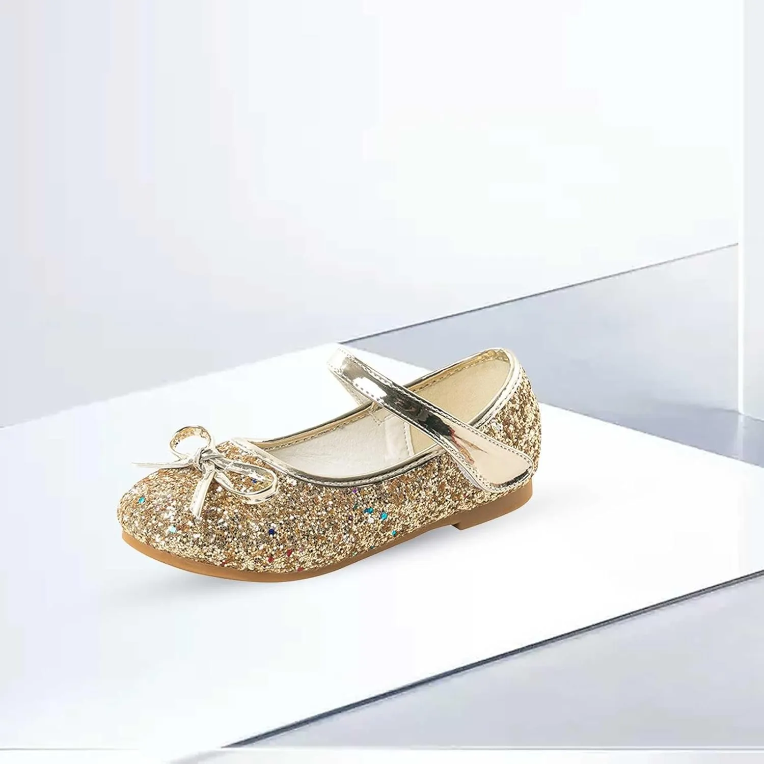 Girls Glitter Princess Dress Shoes Bow Rhinestone Soft Sole Mary Jane Ballet Flats for Flower Girl Wedding Party