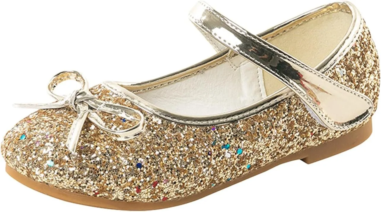 Girls Glitter Princess Dress Shoes Bow Rhinestone Soft Sole Mary Jane Ballet Flats for Flower Girl Wedding Party