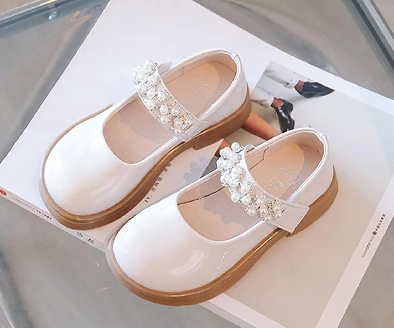 Girl's Mary Jane Dress Shoes Toddler Patent Leather Ballet Flat with Rhinestone Strap for Party Wedding School