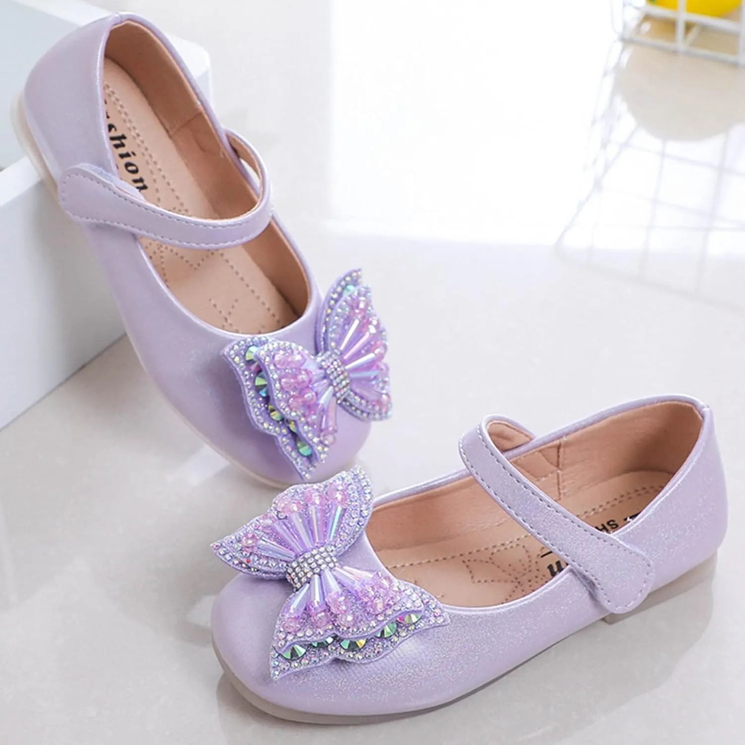 Girls Mary Jane Flats Bow Sequins Ballet Dance Shoes Wedding Party PU Leather Dress Shoes For Toddler Baby