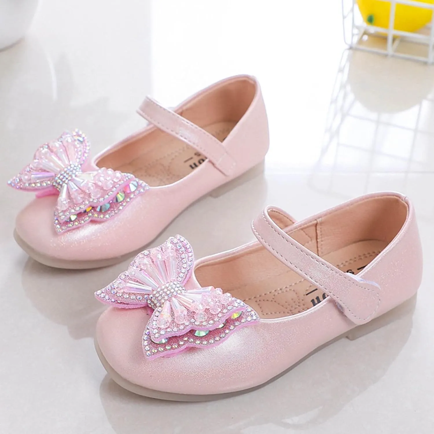 Girls Mary Jane Flats Bow Sequins Ballet Dance Shoes Wedding Party PU Leather Dress Shoes For Toddler Baby