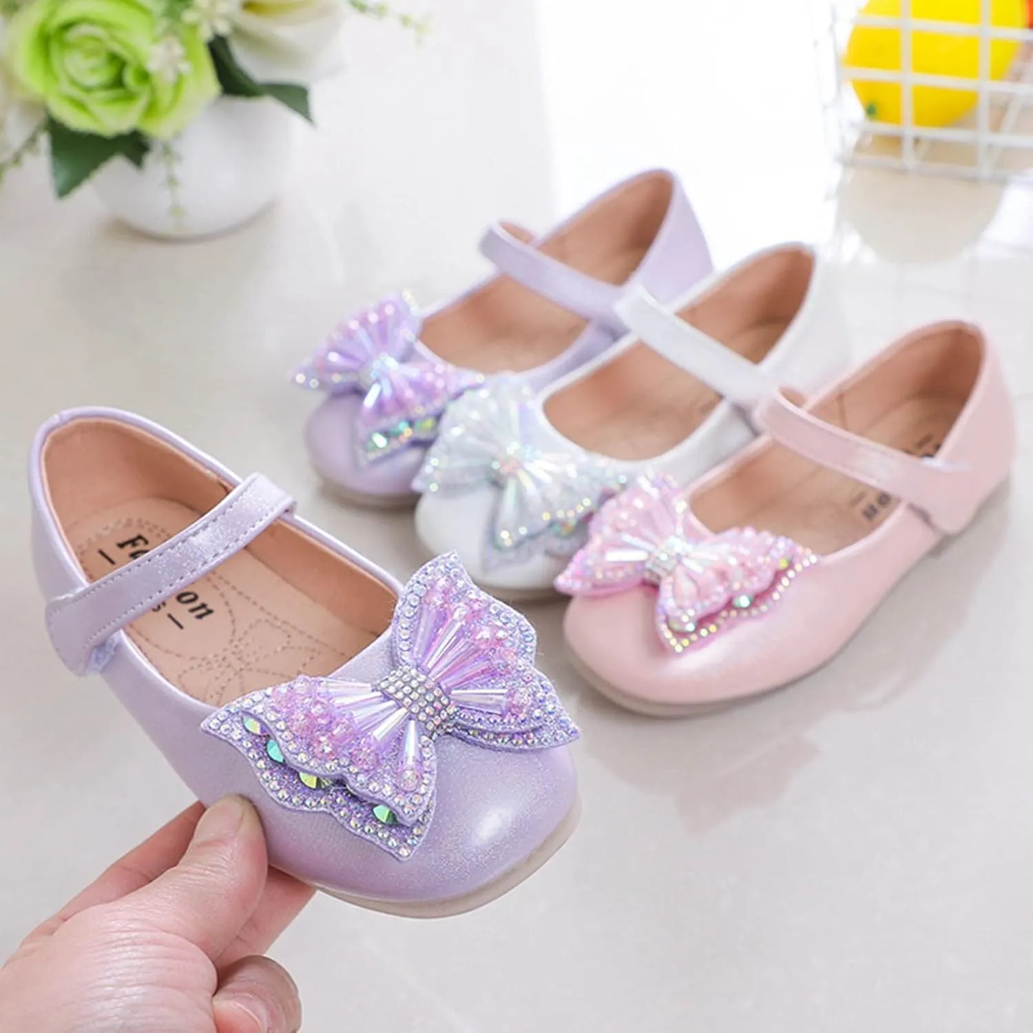 Girls Mary Jane Flats Bow Sequins Ballet Dance Shoes Wedding Party PU Leather Dress Shoes For Toddler Baby