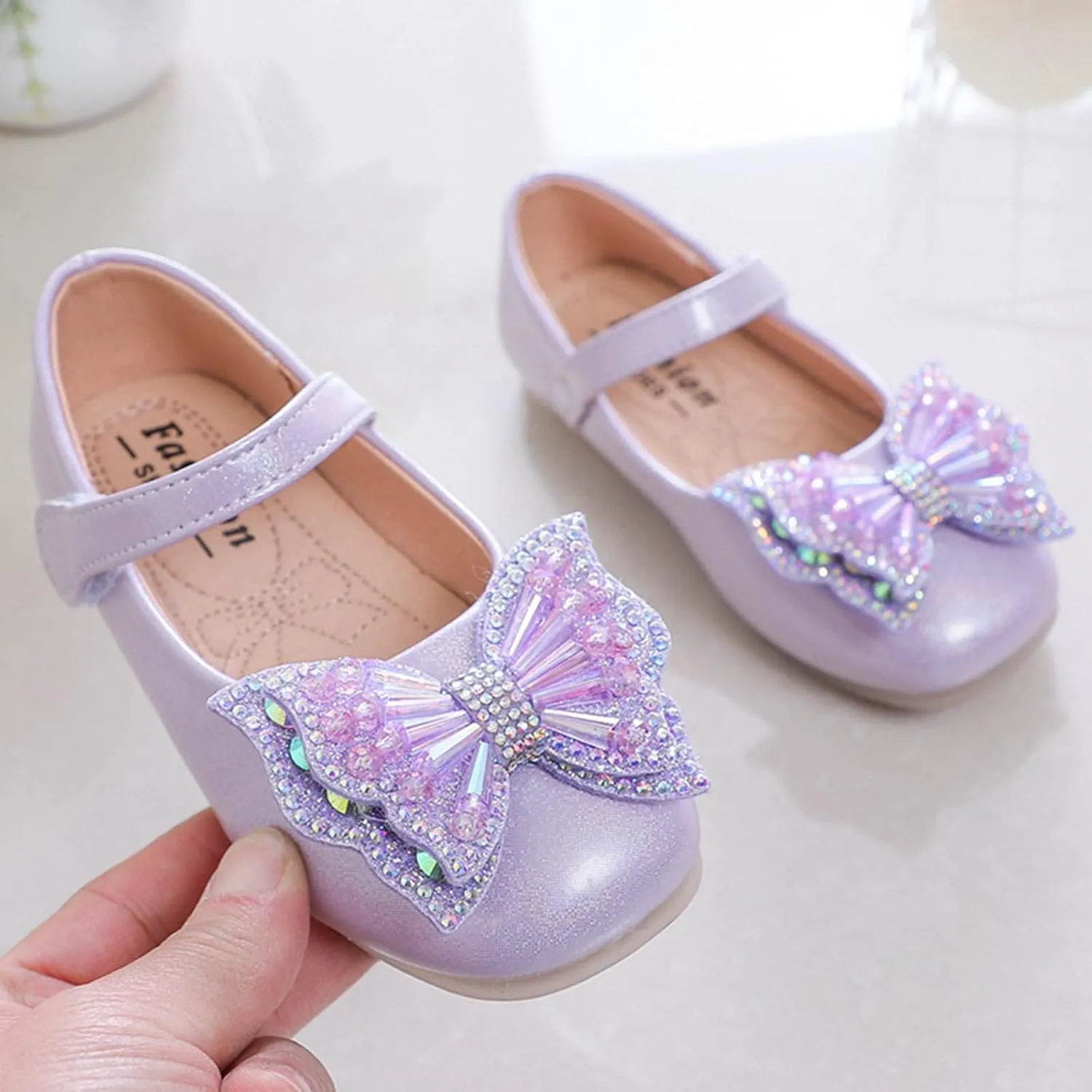 Girls Mary Jane Flats Bow Sequins Ballet Dance Shoes Wedding Party PU Leather Dress Shoes For Toddler Baby