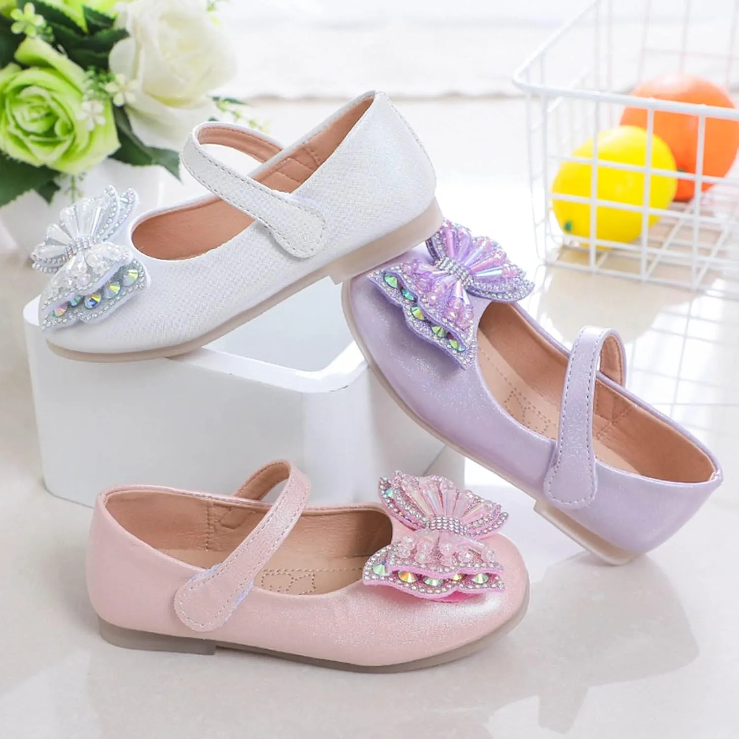 Girls Mary Jane Flats Bow Sequins Ballet Dance Shoes Wedding Party PU Leather Dress Shoes For Toddler Baby