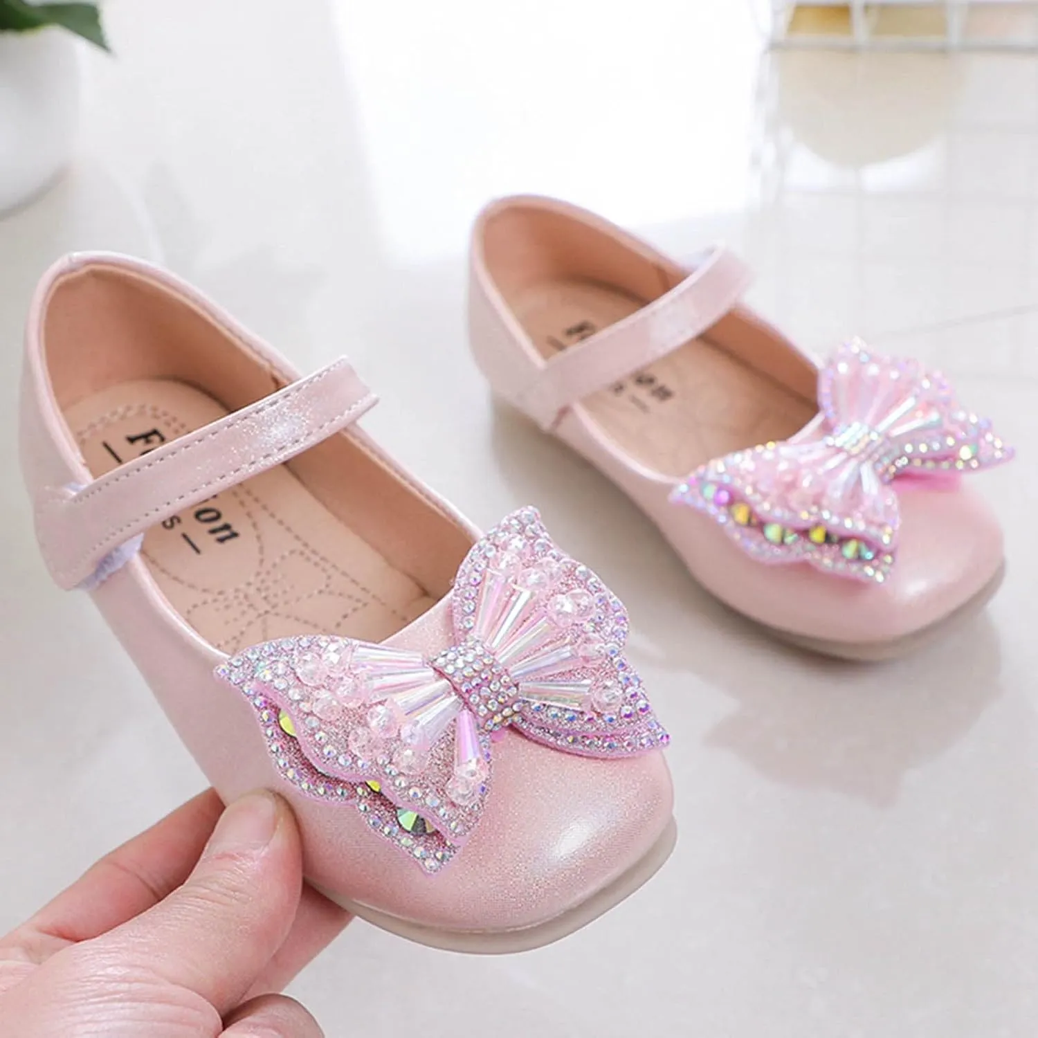 Girls Mary Jane Flats Bow Sequins Ballet Dance Shoes Wedding Party PU Leather Dress Shoes For Toddler Baby