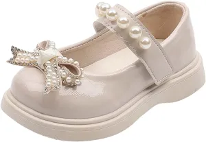 Girls Round Toe Ankle Strap Mary Jane School Shoes with Bow Kids Pearl Strap Chunky Platform Ballet Dress Shoes