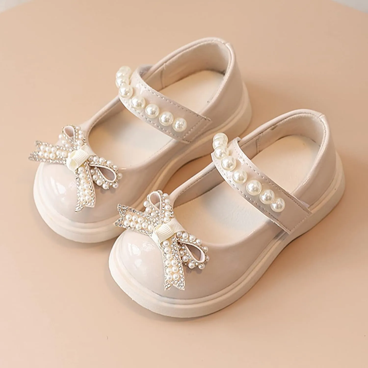Girls Round Toe Ankle Strap Mary Jane School Shoes with Bow Kids Pearl Strap Chunky Platform Ballet Dress Shoes