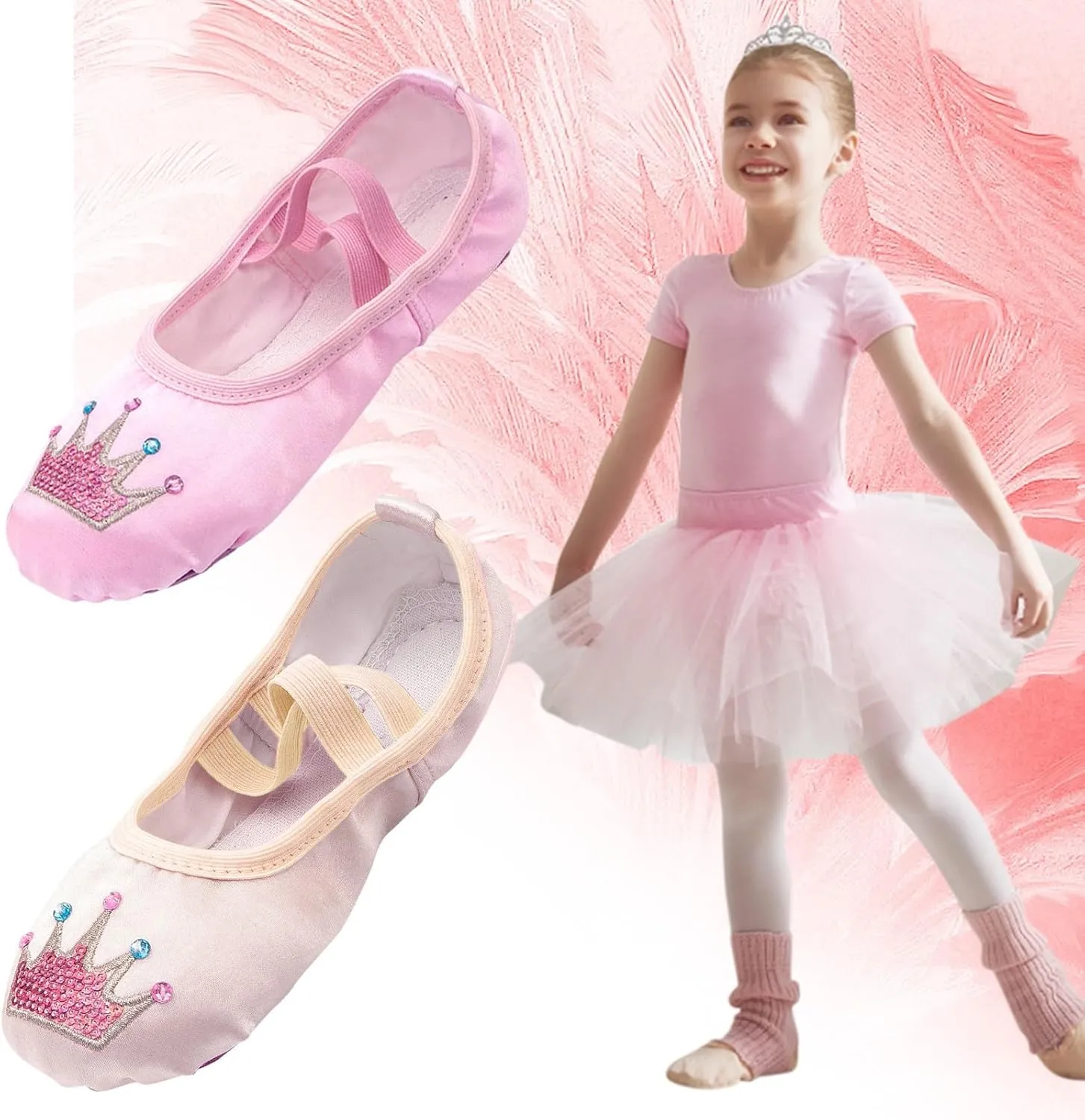 Girls Satin Ballet Shoes for Practice Ballet Slipper for Dancing Crown Soft Sole Elastic Laces Yoga Leather Flat