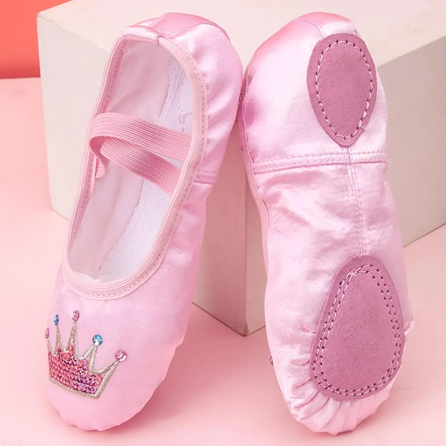 Girls Satin Ballet Shoes for Practice Ballet Slipper for Dancing Crown Soft Sole Elastic Laces Yoga Leather Flat