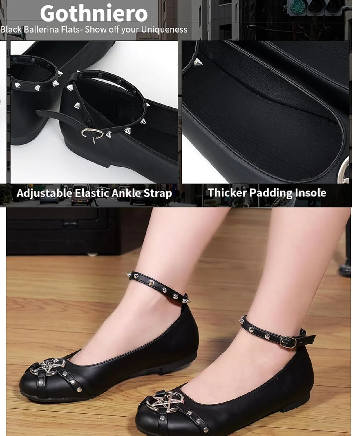 Gothniero Womens Black Flats with Studs and Adjustable Strap Dressy Comfotable Ballet Flats for Women Dressy Flats Slip on Round Toe Shoes