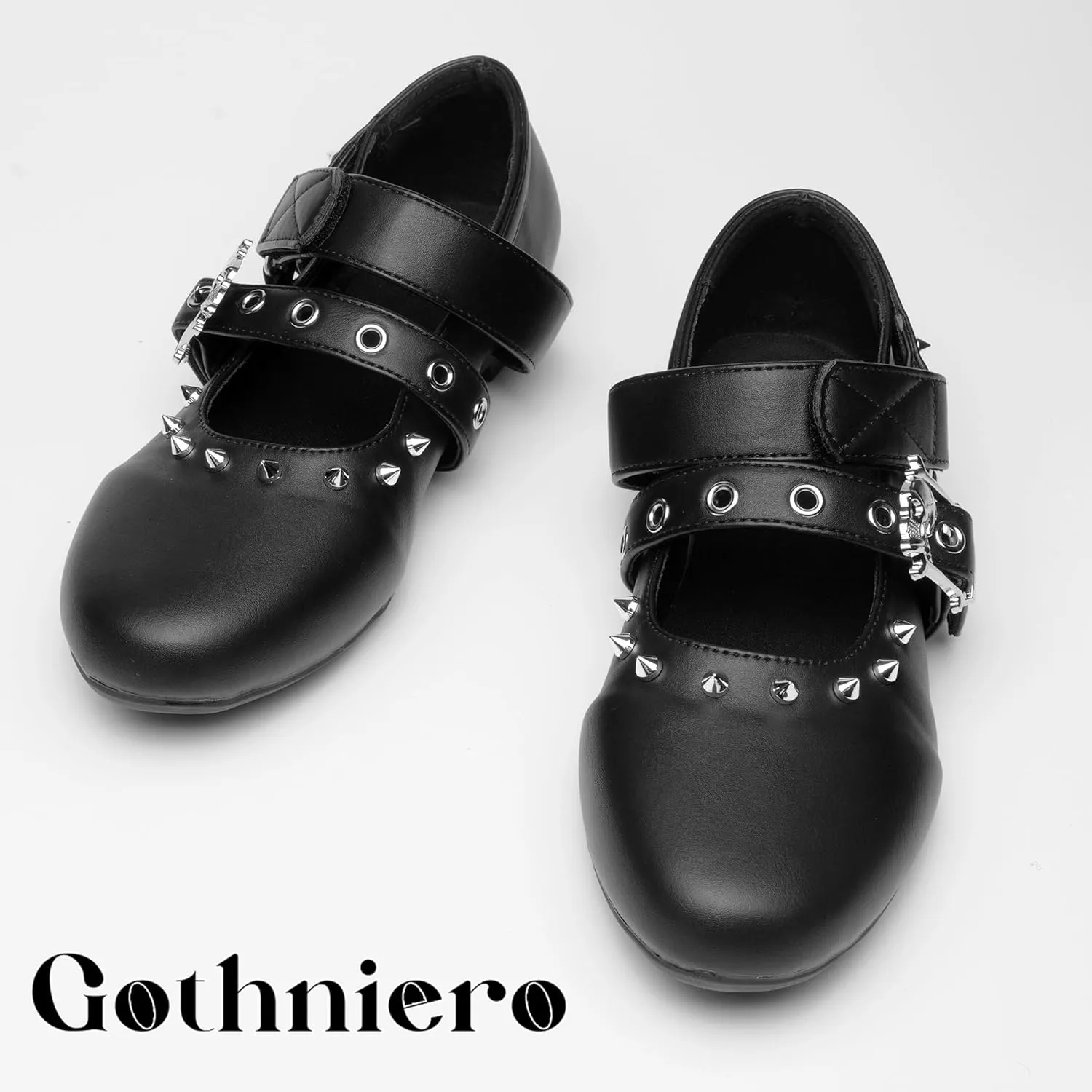 Gothniero Womens Black Flats with Studs and Adjustable Strap Dressy Comfotable Ballet Flats for Women Dressy Flats Slip on Round Toe Shoes