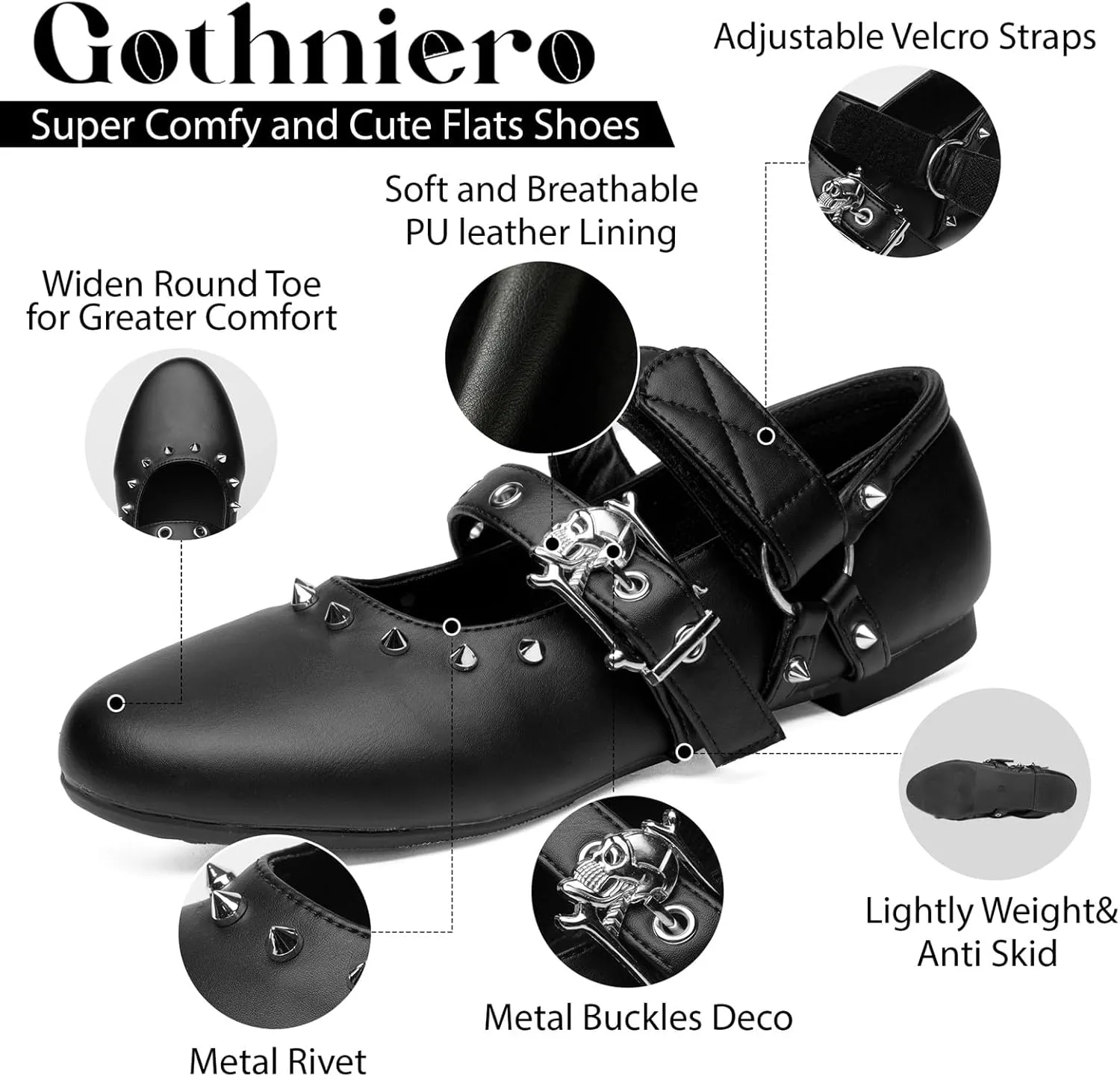 Gothniero Womens Black Flats with Studs and Adjustable Strap Dressy Comfotable Ballet Flats for Women Dressy Flats Slip on Round Toe Shoes