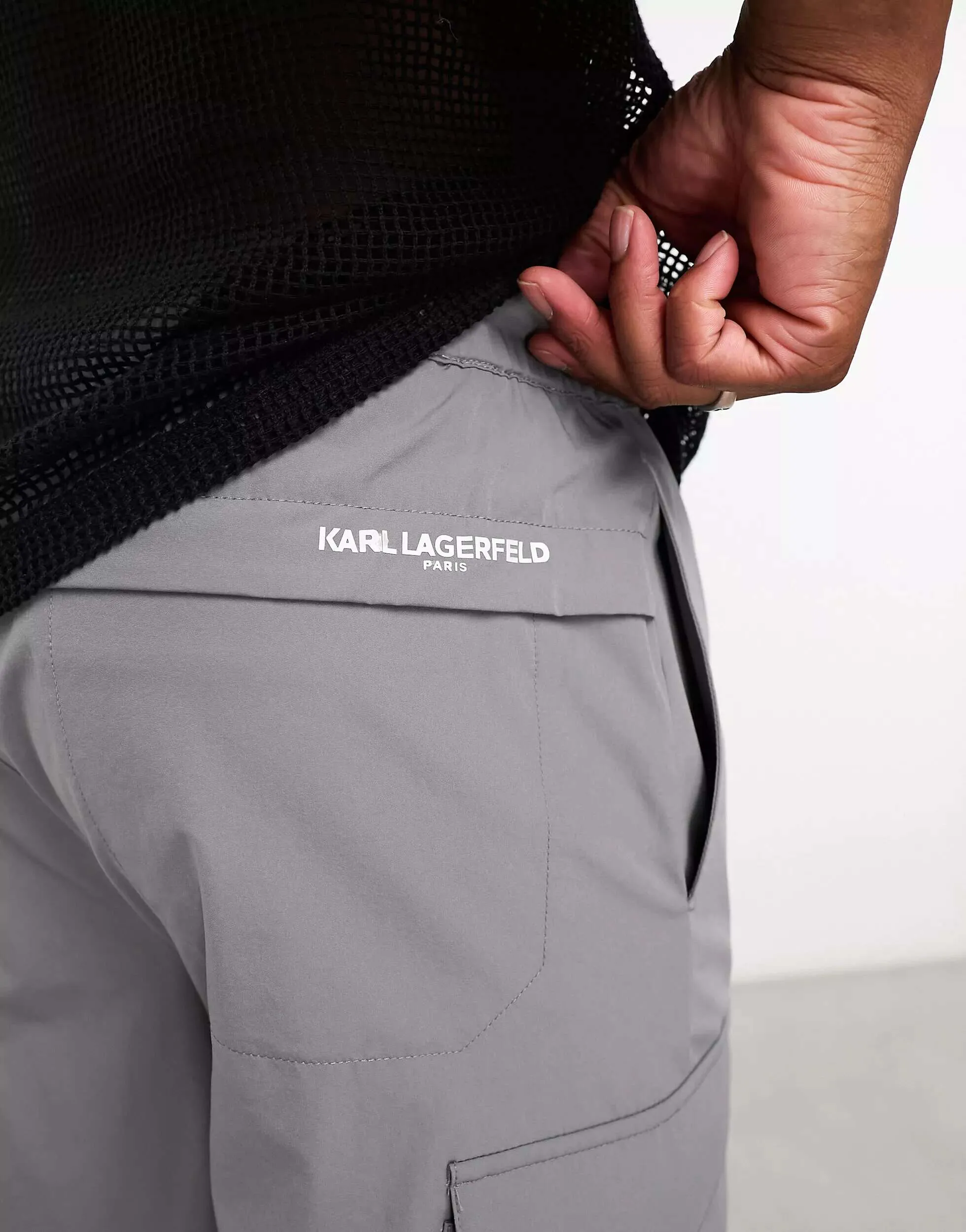 Gray stretch cargo shorts by Karl Lagerfeld