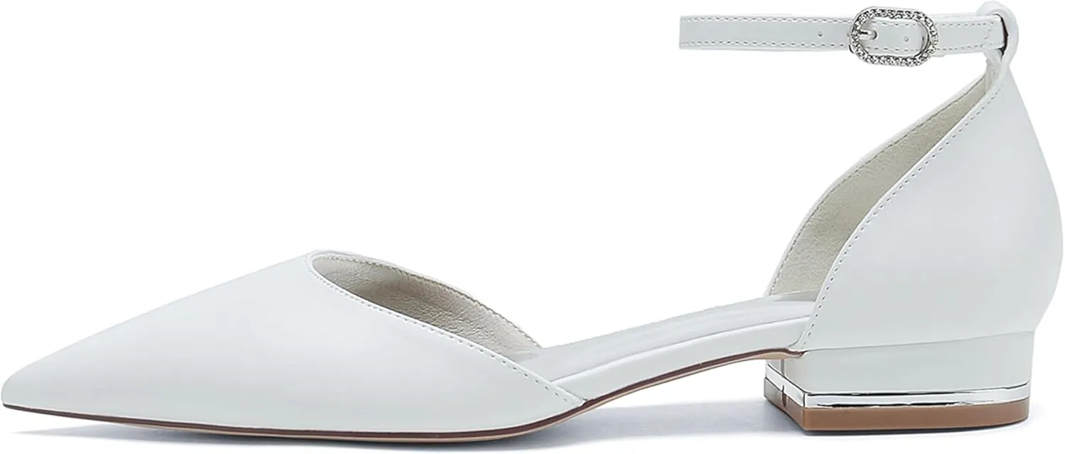 Hanfike Girls Womens Pointed Toe Satin Wedding Flats for Bride Ankle Strap Evening Shoes JY318