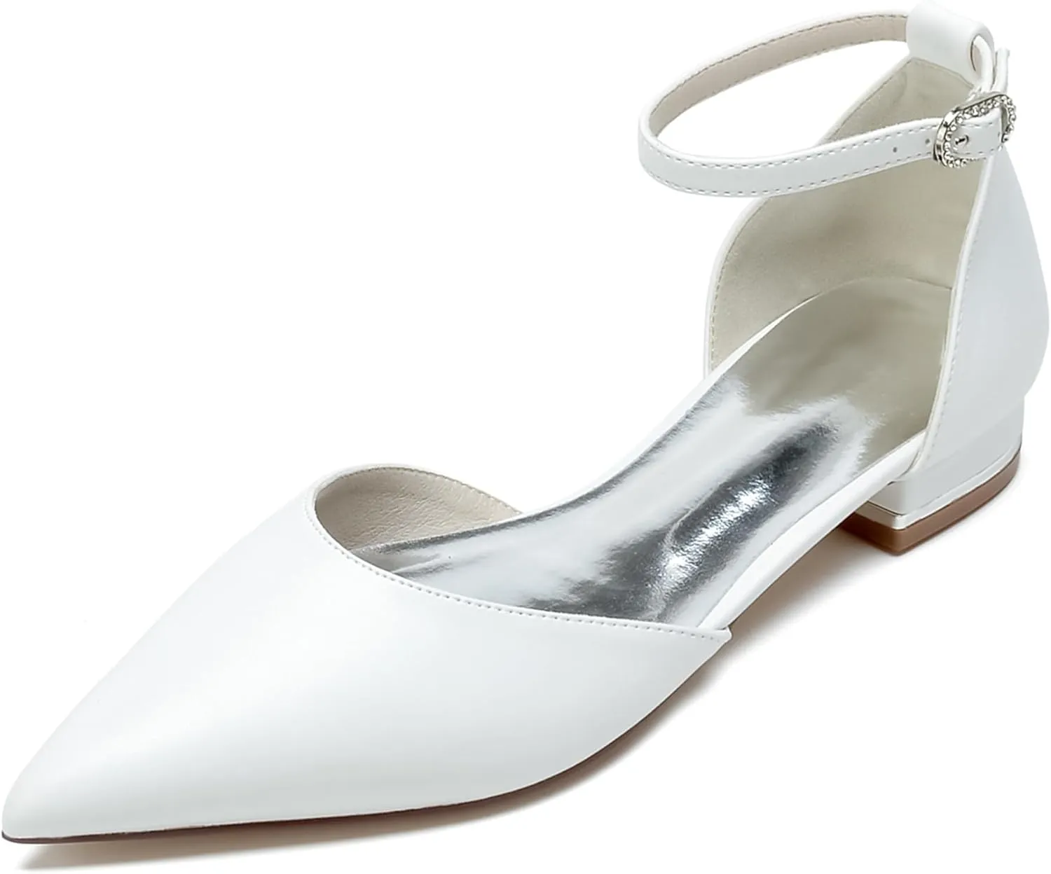 Hanfike Girls Womens Pointed Toe Satin Wedding Flats for Bride Ankle Strap Evening Shoes JY318
